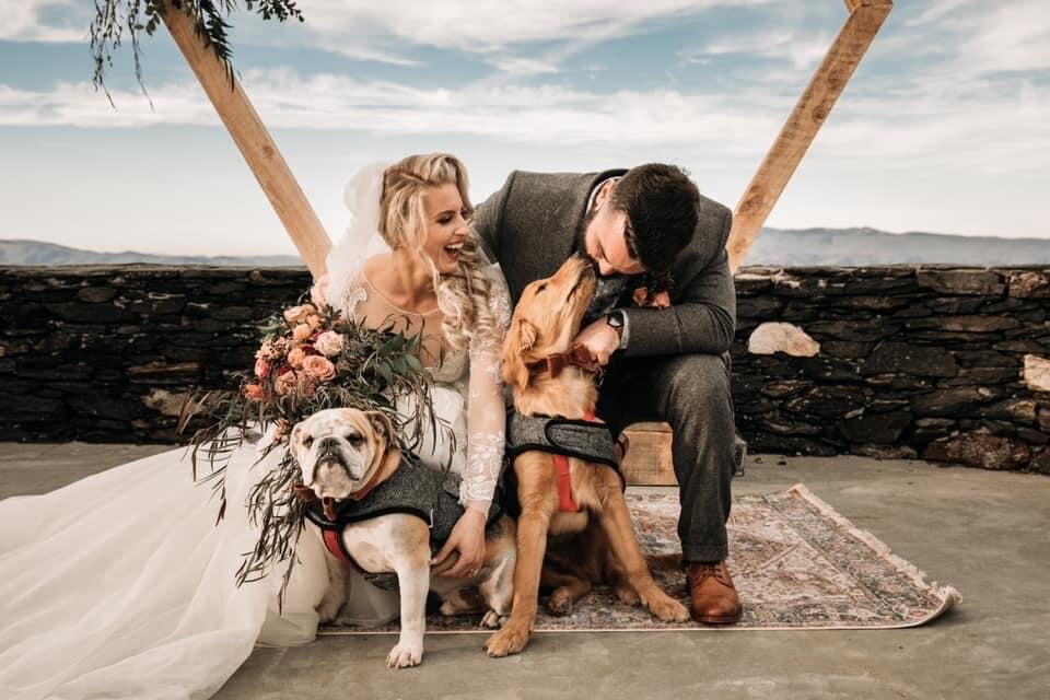 Blush Beauty wedding gallery. Candid photo of bride and groom with their dogs.